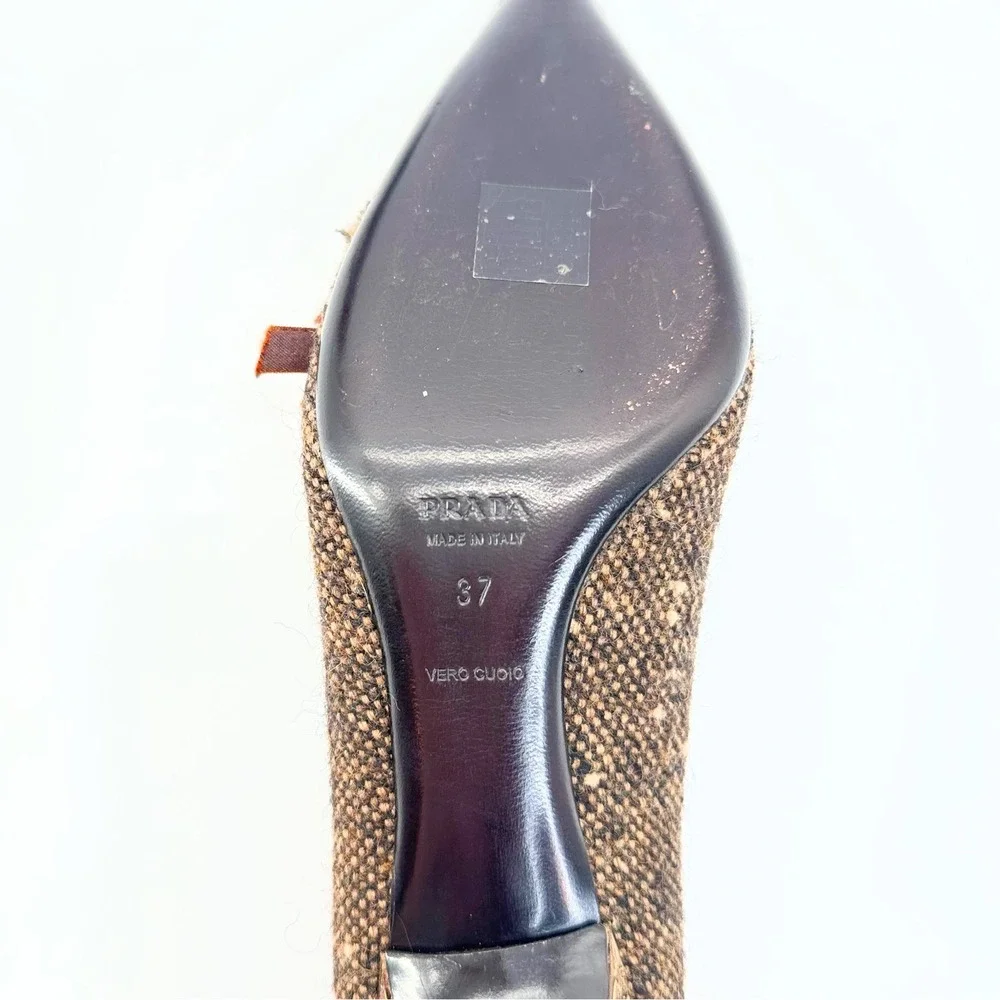 Prada Brown Wool Tweed Kitten Heel Pumps IT 37 US 7 Crystal Bow Pointed Toe - Picture 11 of 12